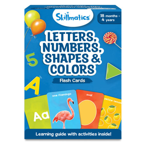 Skillmatics blue box of flash cards for ages 18m-4y featuring letters, numbers, shapes, colors, and a flamingo illustration.