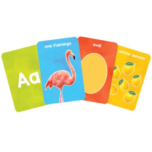 Four colorful learning flash cards featuring the letter A, a pink flamingo, an oval shape, and bright yellow lemons.