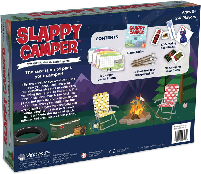 Back of blue board game box displaying marshmallow sticks, camper boards, and a colorful campfire scene at night.