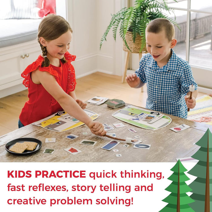 Two children using marshmallow sticks to collect tiles for colorful camper-shaped game boards on a wooden table.