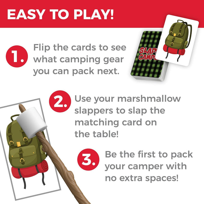 Graphic instructions showing three steps to play a game using camping gear cards and a marshmallow slapper stick.