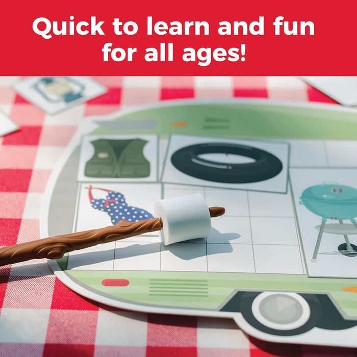 Marshmallow stick on a green camper game board on a red checkered cloth. Text: Quick to learn and fun for all ages!