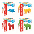 Four SmartMax toy boxes featuring magnetic animals: a blue seal, yellow lion, red horse, and green elephant.