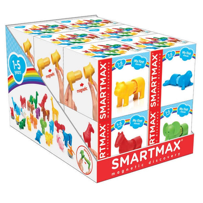 Retail display of colorful magnetic animal toys showing how the pieces snap together to form a lion, seal, and horse.