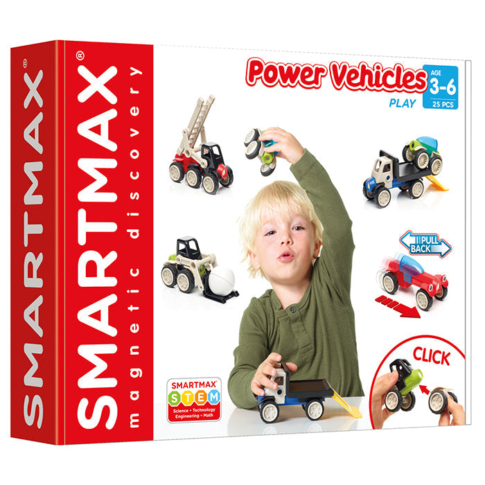 SmartMax Power Vehicles box featuring a boy building colorful magnetic modular trucks and a red fire engine.