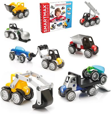 Colorful magnetic toy trucks with chunky wheels and silver arms, shown with an excavator, fire engine, and product box.