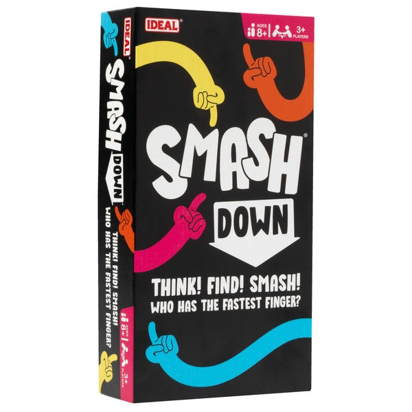 Rectangular black game box for Smash Down featuring white bubble text and colorful cartoon hands pointing inward.