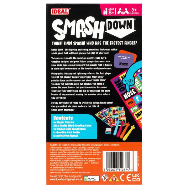 Back of Smash Down box showing game rules, contents list, and colorful finger pointer illustrations on black.