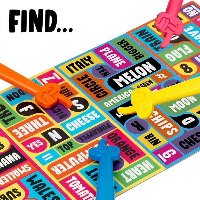Colorful board game with word tiles and four plastic hand smashers in orange, pink, yellow, and blue.