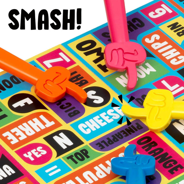 Four colorful hand pointers point at the word CHEESE on a vibrant game board with the bold black text SMASH!