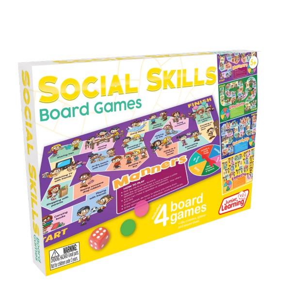 Colorful box for Social Skills board games showing a purple manners board, a red die, tokens, and 4 game previews.