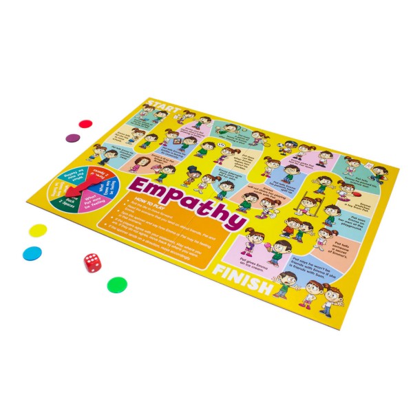 Yellow board game titled Empathy featuring cartoon illustrations, a red spinner, a die, and five colored tokens.