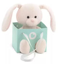 Pale pink plush bunny in a teal gift bag with white ribbon handles and heart logo, feet poking through the front.