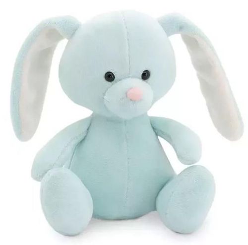 Light blue plush bunny with long floppy ears, white inner ears, a pink nose, and black eyes sitting upright.