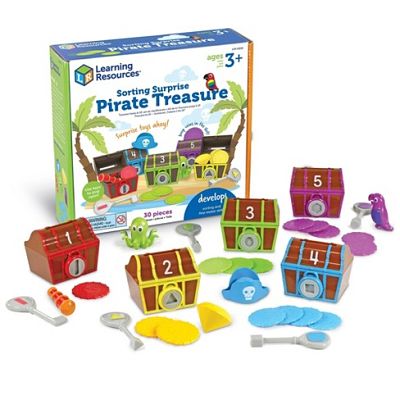 Five colorful numbered treasure chests with matching keys, coins, and pirate figures next to their illustrated box.