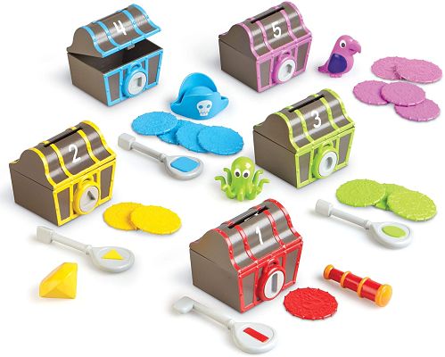 Five colorful numbered treasure chests with matching shaped keys, coins, and pirate figurines on a white background.