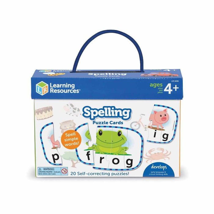 Learning Resources box of spelling puzzles for ages 4+ showing a green frog and pink pig split into letter pieces.