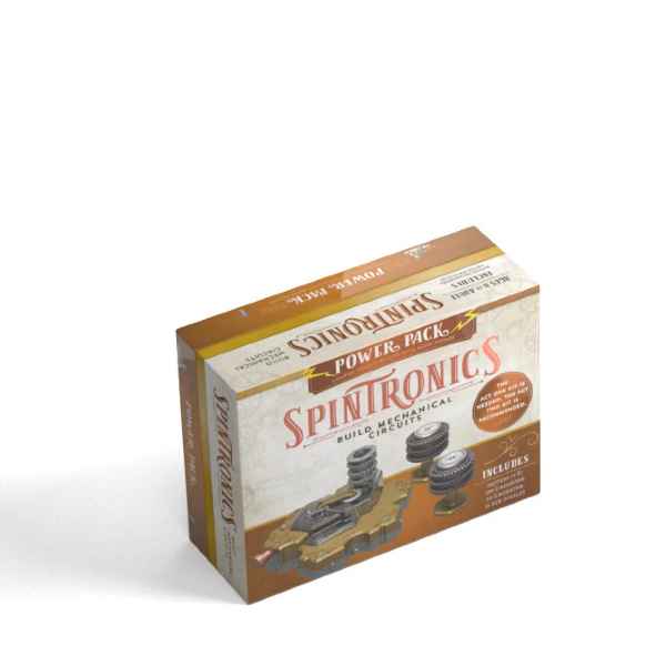 Rectangular beige and brown box with illustrations of mechanical gears and a chain on the front panel.