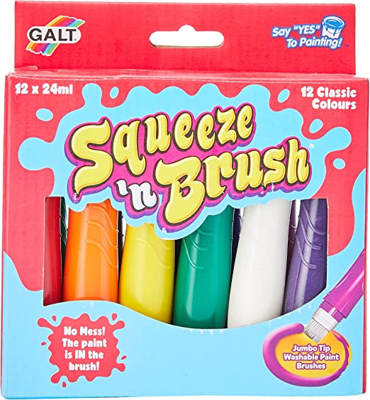 Red and blue box for Galt washable paints showing six colorful squeeze tubes through a window and a jumbo tip graphic.