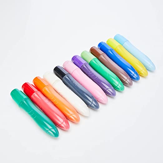Twelve rounded, easy-grip paint tubes in vibrant colors arranged in a diagonal row on a white background.