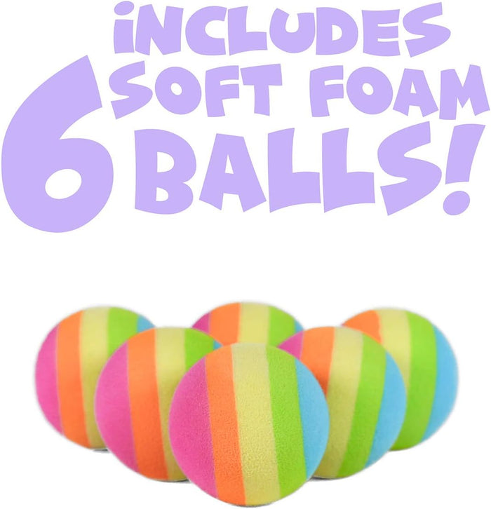 Six rainbow-striped foam balls shown below large lavender text reading Includes 6 Soft Foam Balls.