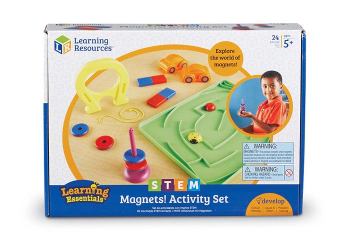 Box for a STEM magnet set featuring a yellow horseshoe, orange cars, red/blue magnets, and a green maze activity board.