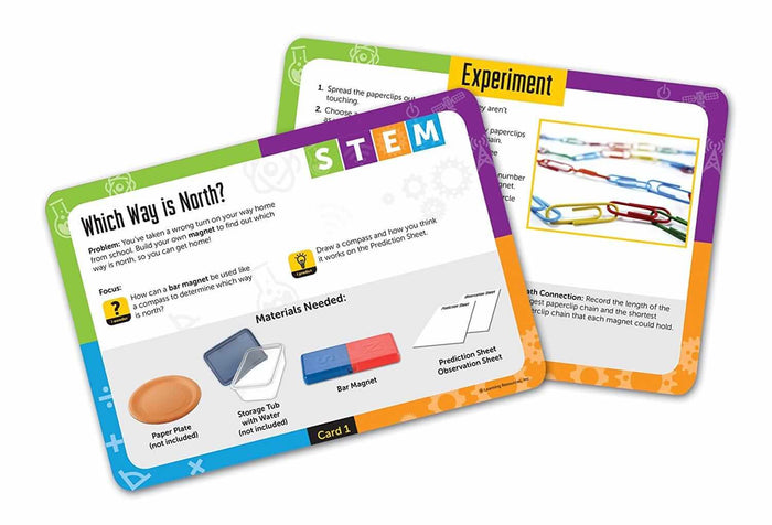 Two colorful STEM activity cards showing bar magnet experiments, a water tub, and chains of colorful paperclips.