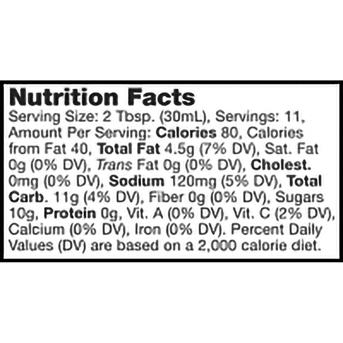 "Nutrition facts label for a food product showing serving size 2 tablespoons (30 mL), 11 servings per container, with 80 calories per serving. Contains 4.5g total fat (7% DV), 0g saturated fat, 0g trans fat, 0mg cholesterol, 120mg sodium (5% DV), 11g total carbohydrates (4% DV), 0g dietary fiber, 10g sugars, 0g protein, and 0% DV for vitamin A, vitamin C, calcium, and iron. Percent daily values are based on a 2,000-calorie diet."