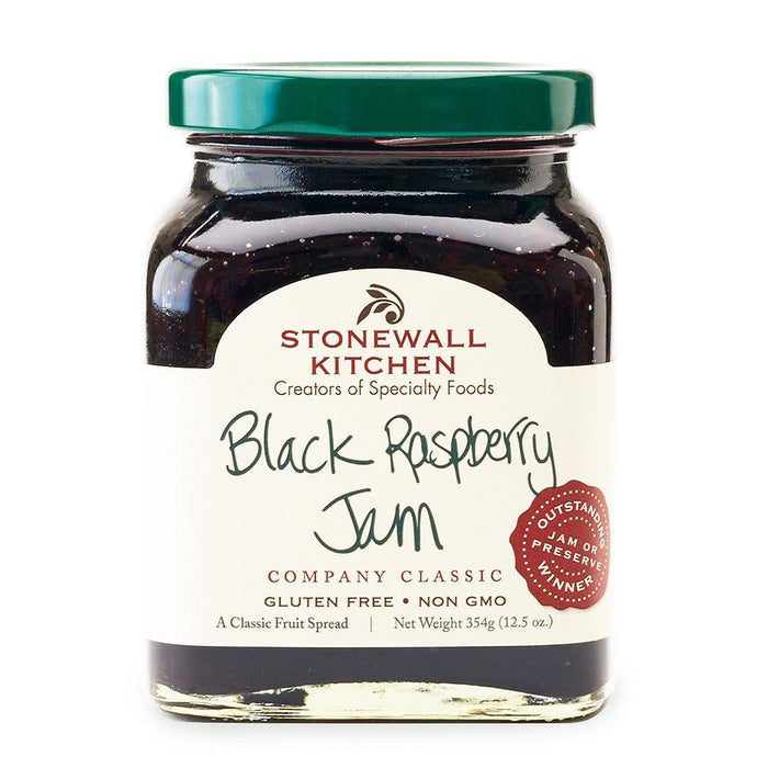 "Stonewall Kitchen Black Raspberry Jam in a glass jar with green lid and cream label, gluten-free and non-GMO fruit spread."
