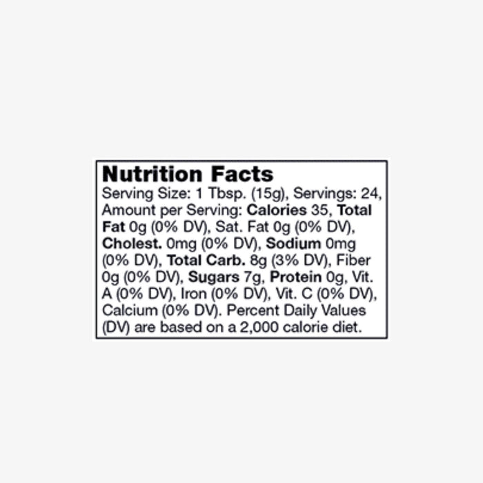 "Nutrition facts label for a food product, showing a serving size of 1 tablespoon (15g) with 24 servings per container. Each serving contains 35 calories, 0g total fat, 0mg cholesterol, 0mg sodium, 8g total carbohydrates (3% DV), 0g dietary fiber, 7g sugars, and 0g protein. All listed vitamins and minerals, including vitamin A, vitamin C, iron, and calcium, show 0% daily value. Percent daily values are based on a 2,000 calorie diet."