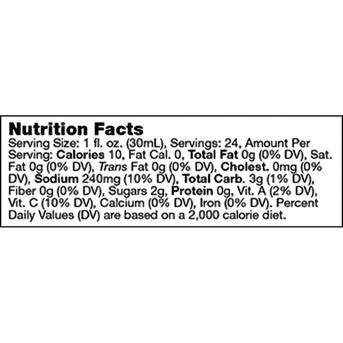 "Nutrition facts label for Stonewall Kitchen Bloody Mary Mixer – Displays serving size, calories, sodium content, carbohydrates, sugars, protein, and vitamin percentages for a 30mL serving."