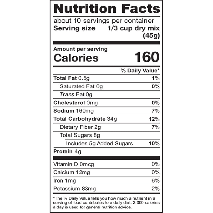 "Nutrition Facts label for Stonewall Kitchen Blueberry Pancake & Waffle Mix, showing 160 calories per 1/3 cup dry mix serving, 0.5g total fat, 34g carbohydrates, 4g protein, 8g total sugars (5g added), 160mg sodium, and small amounts of calcium, iron, and potassium."