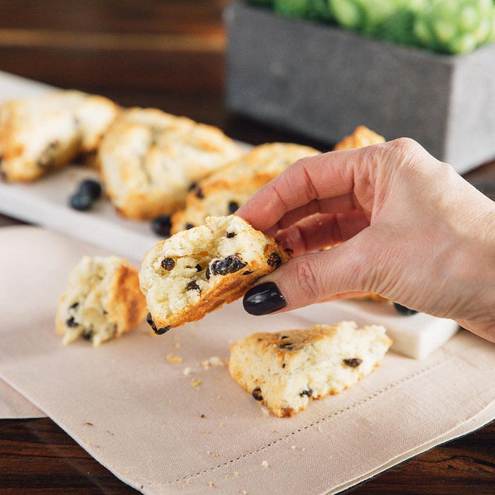 "Hand holding freshly baked blueberry scone with more scones in background"