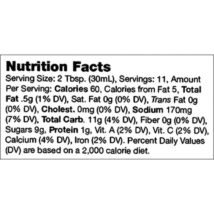 "Nutrition facts label for a product with serving size, calories, and nutritional content details."