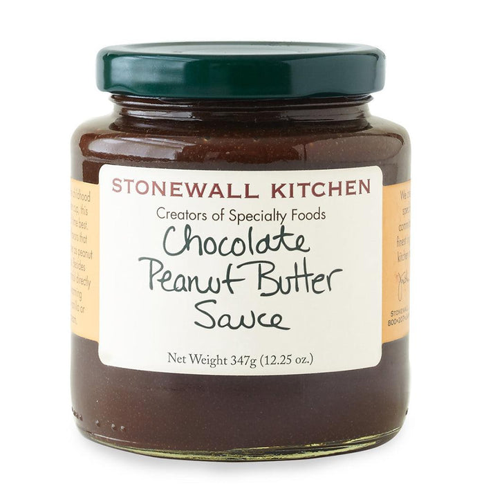 "A jar of Stonewall Kitchen Chocolate Peanut Butter Sauce with a label indicating its contents and weight of 12.25 oz."