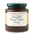 "A jar of Stonewall Kitchen Chocolate Peanut Butter Sauce with a label indicating its contents and weight of 12.25 oz."