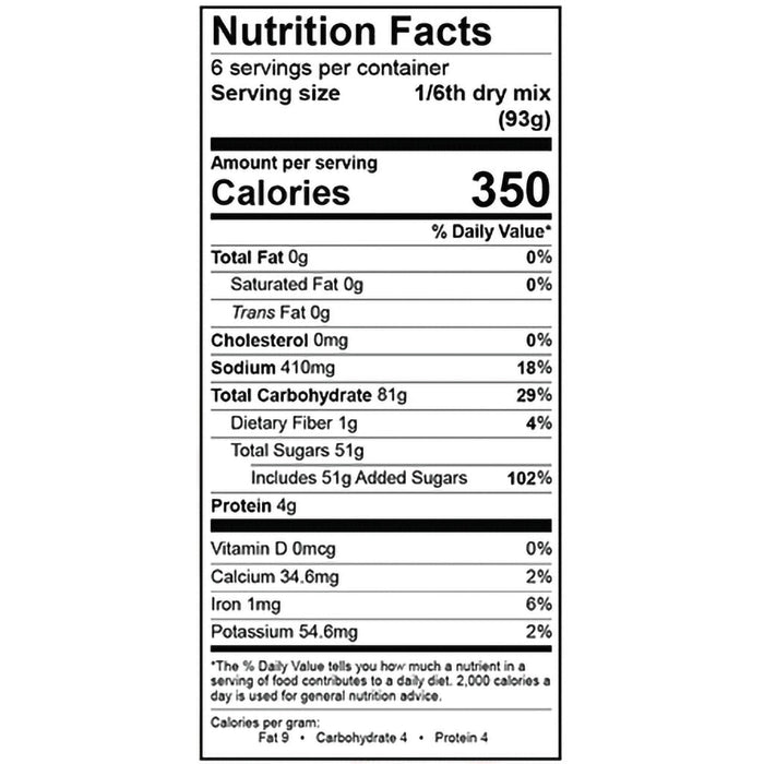 "Nutrition Facts label for Stonewall Kitchen Cinnamon Bun Mix product, showing 6 servings per container, 1/6th dry mix (93g) per serving, 350 calories, 0g fat, 0mg cholesterol, 410mg sodium, 81g carbohydrates, 1g dietary fiber, 51g sugars, 4g protein, plus vitamin and mineral details."
