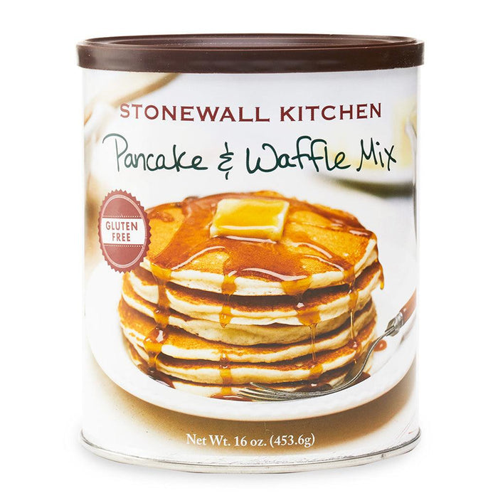 "Stonewall Kitchen Gluten Free Pancake & Waffle Mix 16 oz can, featuring an image of syrup-drenched pancakes with melting butter on the label."