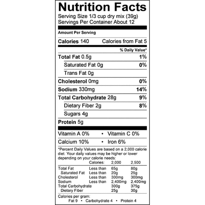 "Stonewall Kitchen nutrition facts label for 1/3 cup dry mix (39g) serving, showing 140 calories, 0.5g total fat, 0mg cholesterol, 330mg sodium, 28g carbohydrates, 2g fiber, 4g sugars, 5g protein, plus calcium, iron, and vitamin percentages."