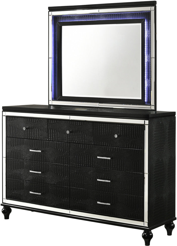 STRADA Black Alligator Texture 67" Wide Dresser & Mirror with LED's