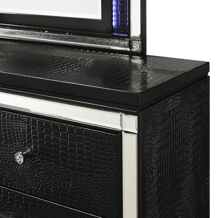 STRADA Black Alligator Texture 67" Wide Dresser & Mirror with LED's