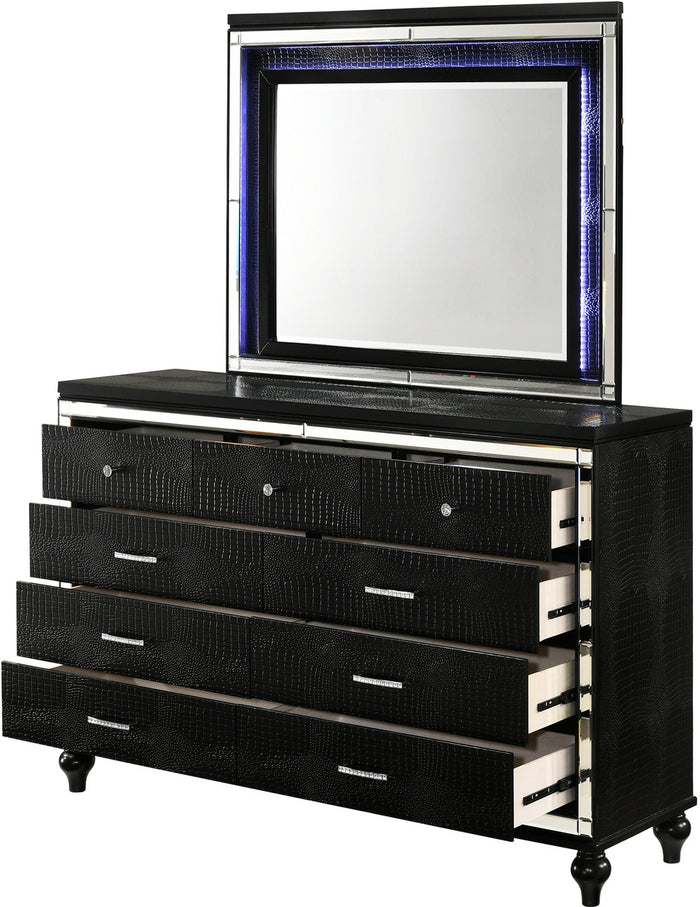 STRADA Black Alligator Texture 67" Wide Dresser & Mirror with LED's