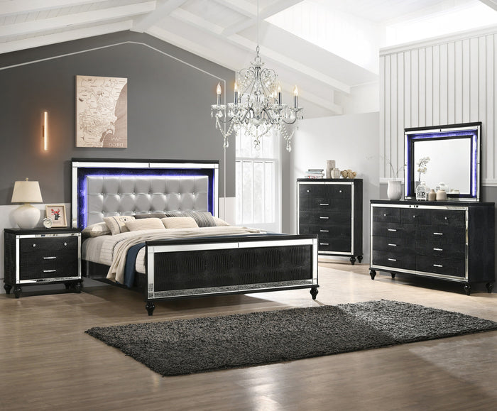 STRADA Black Alligator Texture 67" Wide Dresser & Mirror with LED's