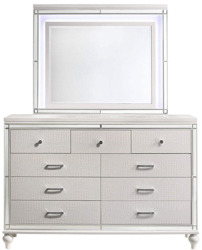 STRADA White Alligator Texture 67" Wide Dresser & Mirror