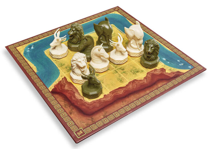 Strategy board game with cream and olive green animal head pieces on a 4x4 grid with river and canyon illustrations.