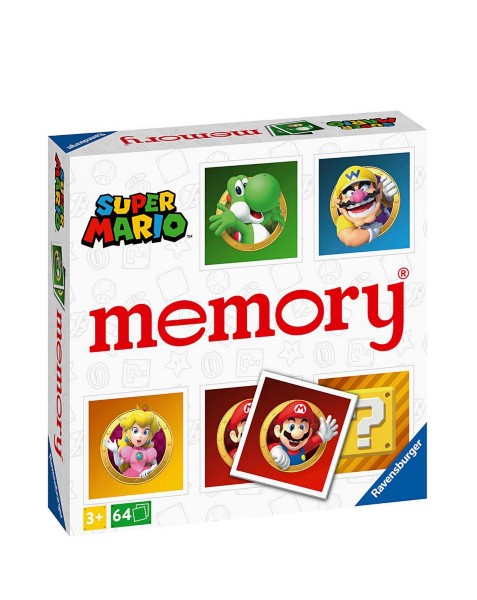 Square white game box featuring colorful card portraits of Super Mario characters like Yoshi, Wario, Peach, and Mario.