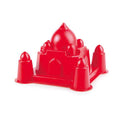Bright red plastic sand mold shaped like the Taj Mahal with a central dome and four corner minarets.