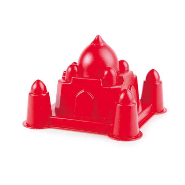 Bright red plastic sand mold shaped like the Taj Mahal with a central dome and four corner minarets.