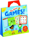 Blue carrying case with red handle shows children holding game boards for bingo, tic-tac-toe, and memory match-up.