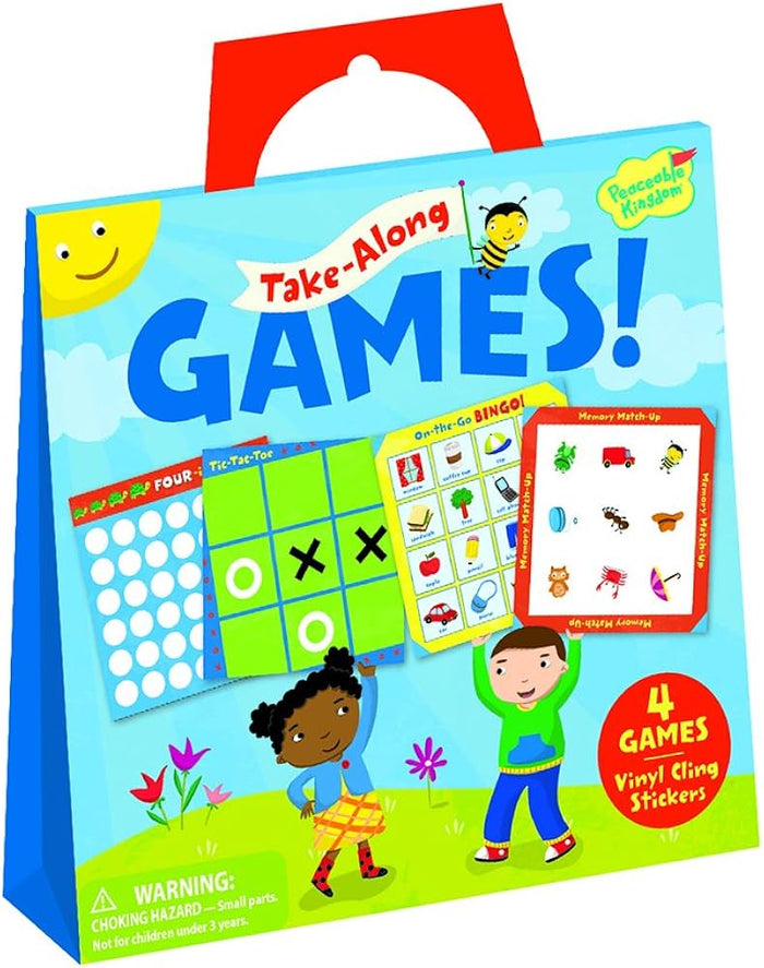 Blue carrying case with red handle shows children holding game boards for bingo, tic-tac-toe, and memory match-up.